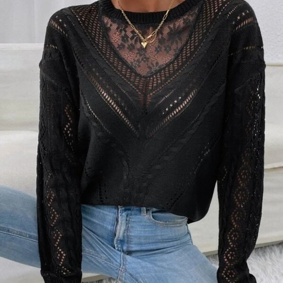 . Tops - Lace Detailed Long sleeve Knit Sweater  Top Black